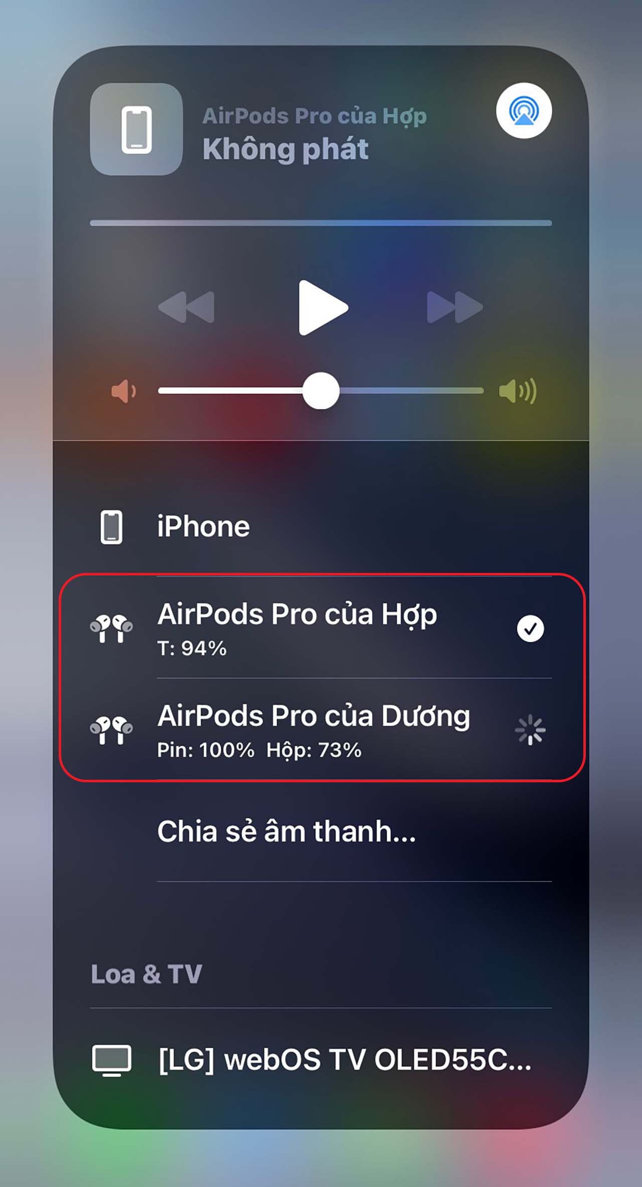 chia sẻ âm thanh trên airpods